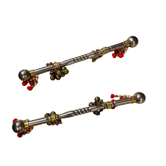 Antique Indian Silver Plated Brass Handcrafted Pair Of Dandiya Sticks With Bells - Picture 9 of 9